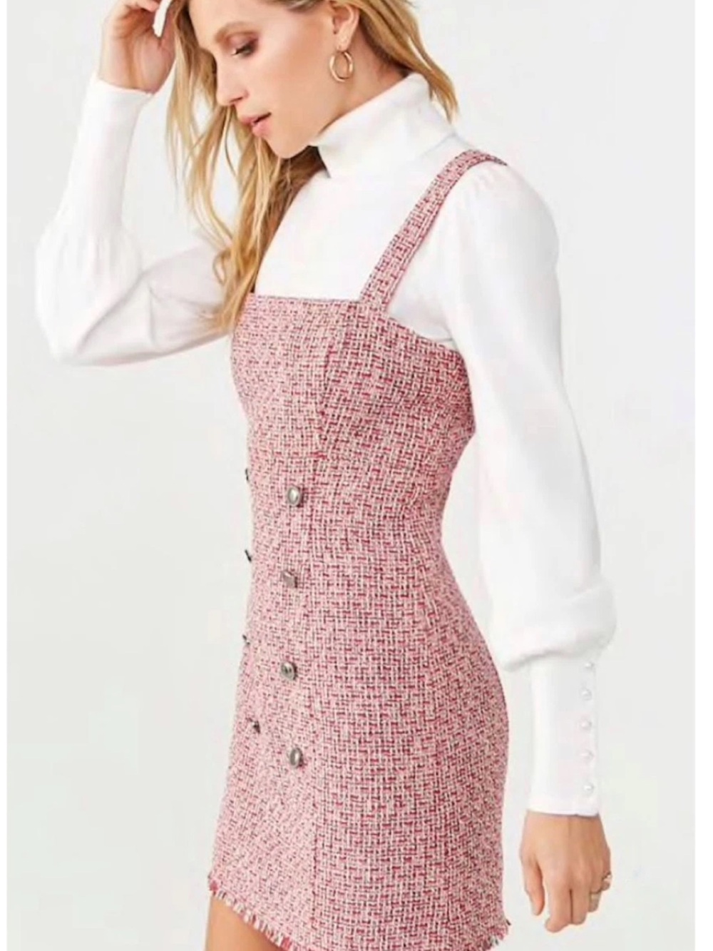 Forever 21 Red Tweed Button-Front Pinafore Mini Dress